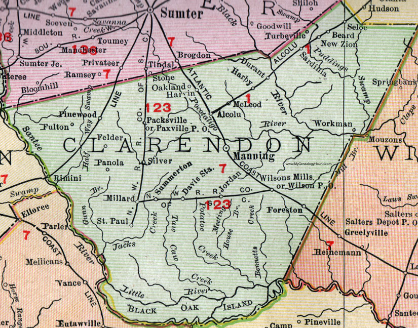 Clarendon County South Carolina 1911 Map Rand McNally Manning
