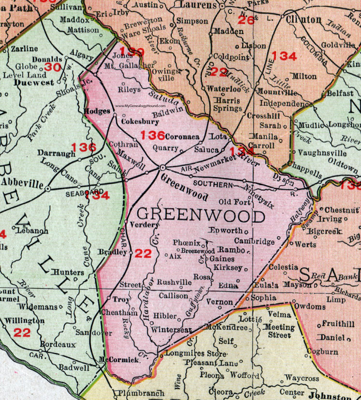 Greenwood County, South Carolina, 1911, Map, Rand McNally, Greenwood City, Ninety Six, Cokesberry, Hodges, Ware Shoals, Coronaca, Epworth, Kirksey, Callison