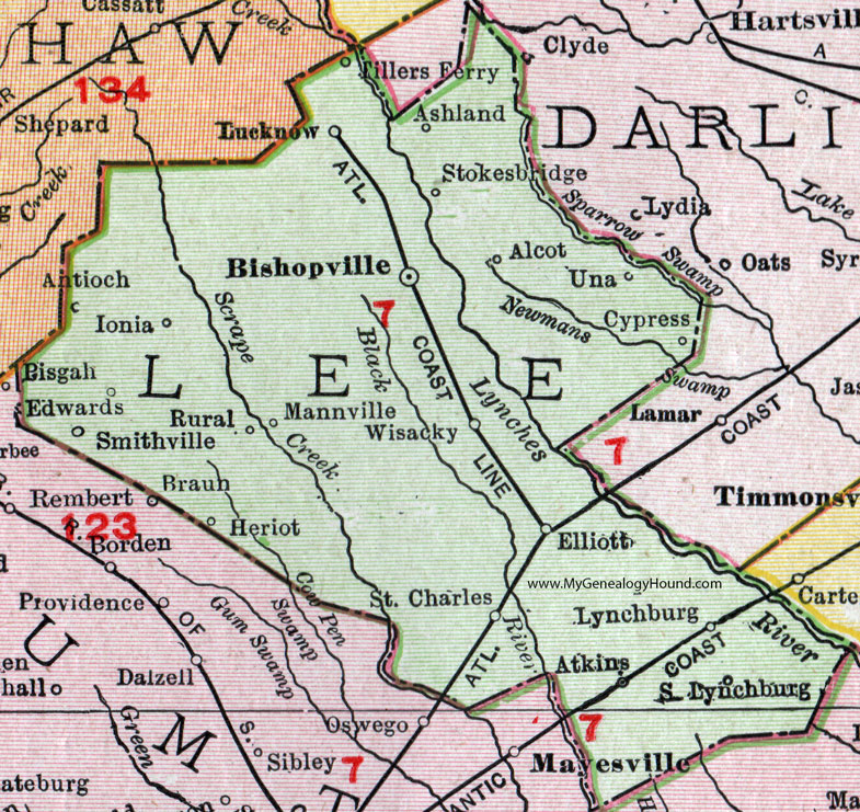 Lee County, South Carolina, 1911, Map, Rand McNally, Bishopville, Manville, Wisacky, Elliott, Lynchburg, St. Charles