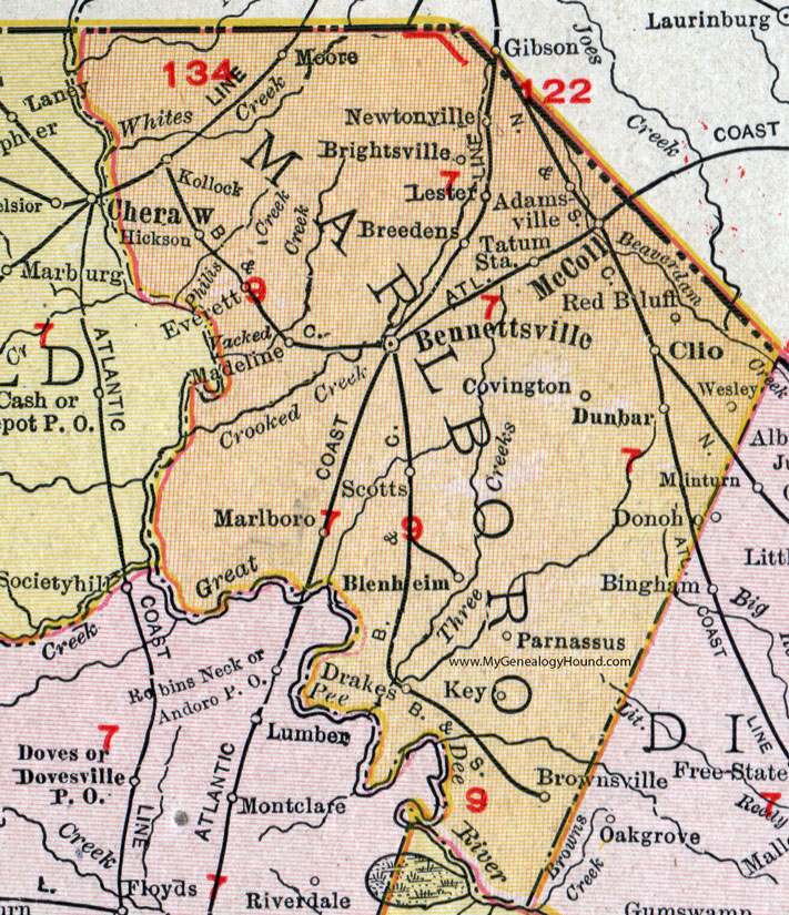 Marlboro County, South Carolina, 1911, Map, Rand McNally, Bennettsville, McColl, Clio, Blenheim, Tatum, Dunbar, Brownsville