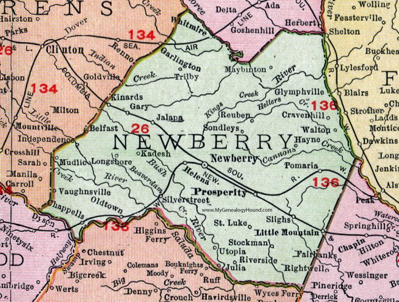 Newberry County, South Carolina, 1911, Map, Rand McNally, City of Newberry, Prosperity, Silverstreet, Chappells, Little Mountain, Pomaria, Kinards, Jalapa