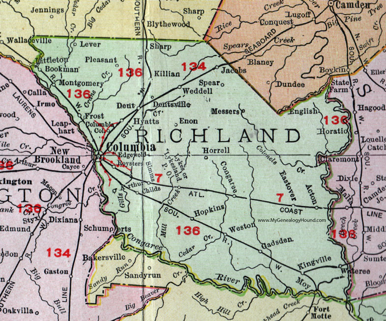Richland County, South Carolina, 1911, Map, Rand McNally, Columbia, Dentsville, Killian, Eastover, Congaree, Hopkins, Gadsden, Horrell
