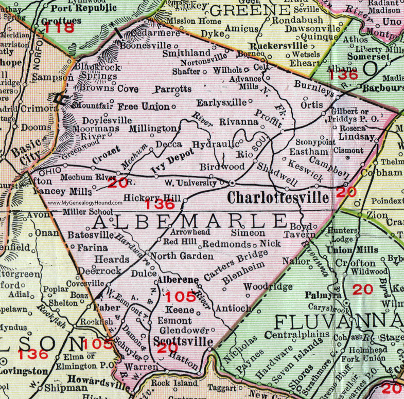 Albemarle County, Virginia, Map, 1911, Rand McNally, Charlottesville, Scottsville, Crozet, Alberene, Glendower, Advance Mills, Cismont, Keswick, Ortis, Boonesville, Millington, Yancey Mills, Farina