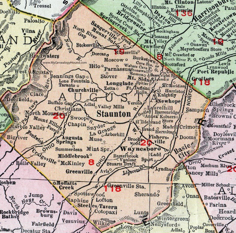 Augusta County, Virginia, Map, 1911, Rand McNally, Staunton, Waynesboro