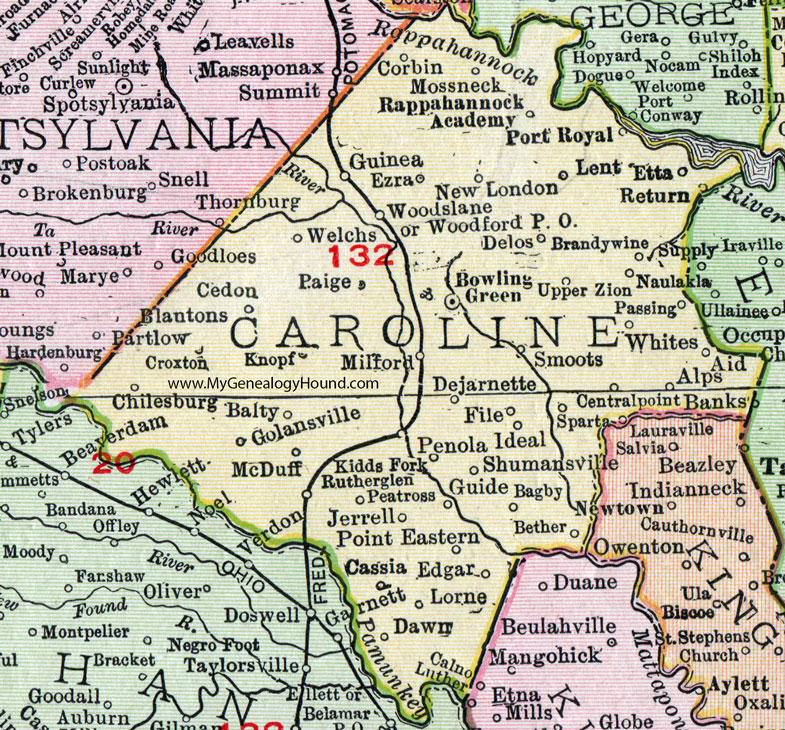 Caroline County, Virginia, Map, 1911, Rand McNally, Bowling Green