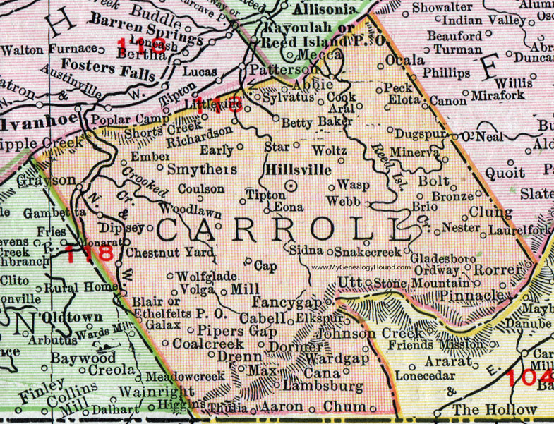 Carroll County, Virginia, Map, 1911, Rand McNally, Hillsville, Galax, Woltz, Nester, Tipton, Eona, Utt, Sylvatus, Elota, Ocala, Rorrer, Cabell, Smythers, Dipsey, Wolf Glade, Lambsburg