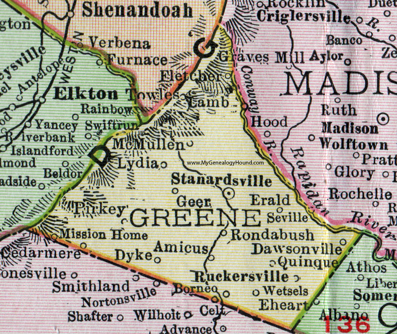 Greene County, Virginia, Map, 1911, Rand McNally, Stanardsville, Ruckersville, Quinque, Towles, Geer, McMullen, Erald, Seville, Rondabush, Wetsels, Dawsonville, Amicus, Cedarmere, Borneo, Pirkey, Dyke