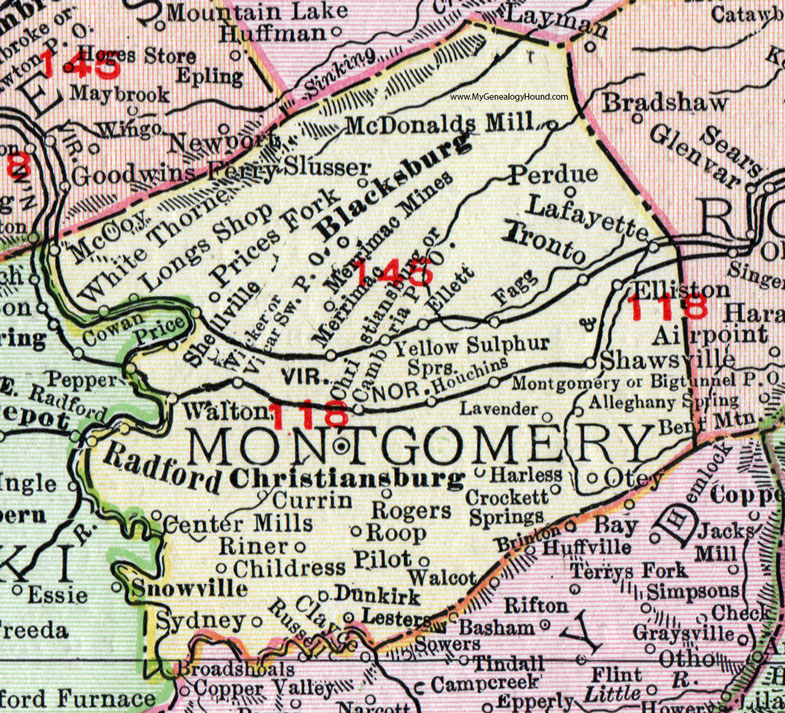 Montgomery County, Virginia, Map, 1911, Rand McNally, Christiansburg, Radford, Blacksburg, Lafayette, Sydney, McDonalds Mill, Slusser, Perdue, Tronto, Houchins, Walton, Currin, Center Mills, Riner, Harless, Shawsville, Merrimac