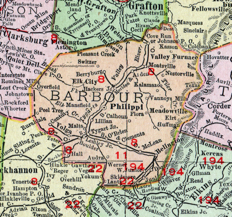 Barbour County, West Virginia 1911 Map by Rand McNally, Philippi, Elk City, Volga, Belington, Valley Furnace, Moatsville, Century, Junior, Kalamazoo, Switzer, Malta, Clements, Lantz, WV