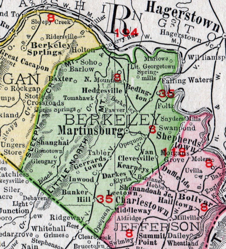 Berkeley County, West Virginia 1911 Map by Rand McNally, Martinsburg, Bunker Hill, Hedgesville, Bedington, Baxter, Shanghai, Inwood, Gerrardstown, Van Clevesville, Darkesville, Tomahawk, Foltz, Tabler, WV