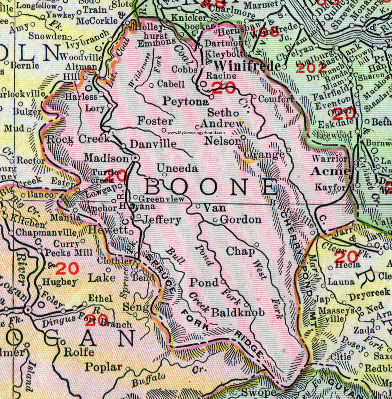 Boone County, West Virginia 1911 Map by Rand McNally, Madison, Peytona, Gordon, Danville, Van, Whitesville, Comfort, Racine, Uneeda, Bald Knob, Foster, Orange, Jeffery, Hewitt, WV