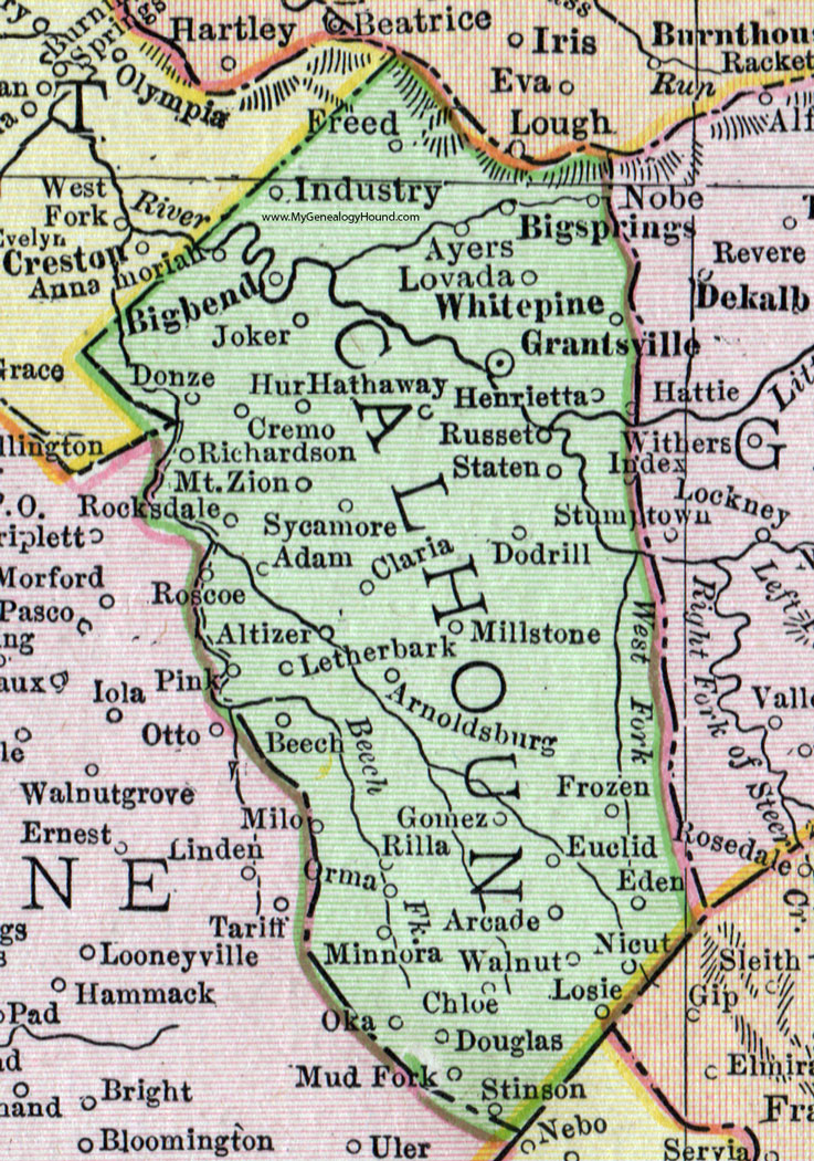 Calhoun County, West Virginia 1911 Map by Rand McNally, Grantsville, Arnoldsburg, Big Springs, Chloe, Nicut, Millstone, Altizer, Losie, Nicut, Stinson, Dodrill, Ayers, Minnora, Lovada, Donze, WV