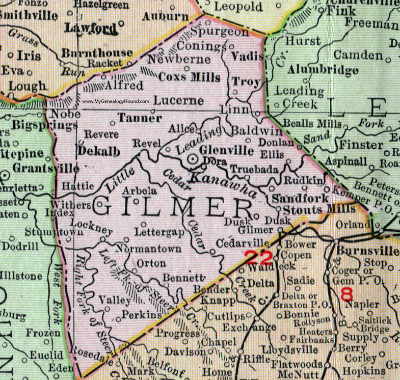 Gilmer County, West Virginia 1911 Map by Rand McNally, Glenview, Stouts Mills, Sand Fork, Letter Gap, Cedarville, Perkins, Lockney, Stumptown, Tanner, Newberne, Coxs Mills, Troy, Linn, Conings, WV