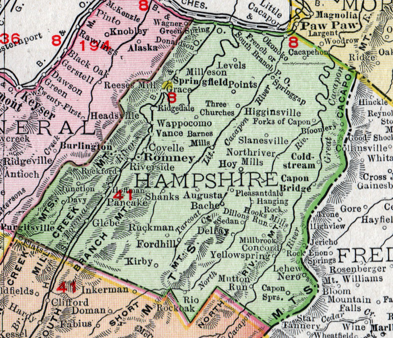 Hampshire County, West Virginia 1911 Map by Rand McNally, Romney, Springfield, Hanging Rock, Delray, Kirby, Capon Springs, Green Spring, Three Churches, Yellow Spring, Purgitsville, Capon Bridge, Slanesville, Bloomery, Augusta, Shanks, WV