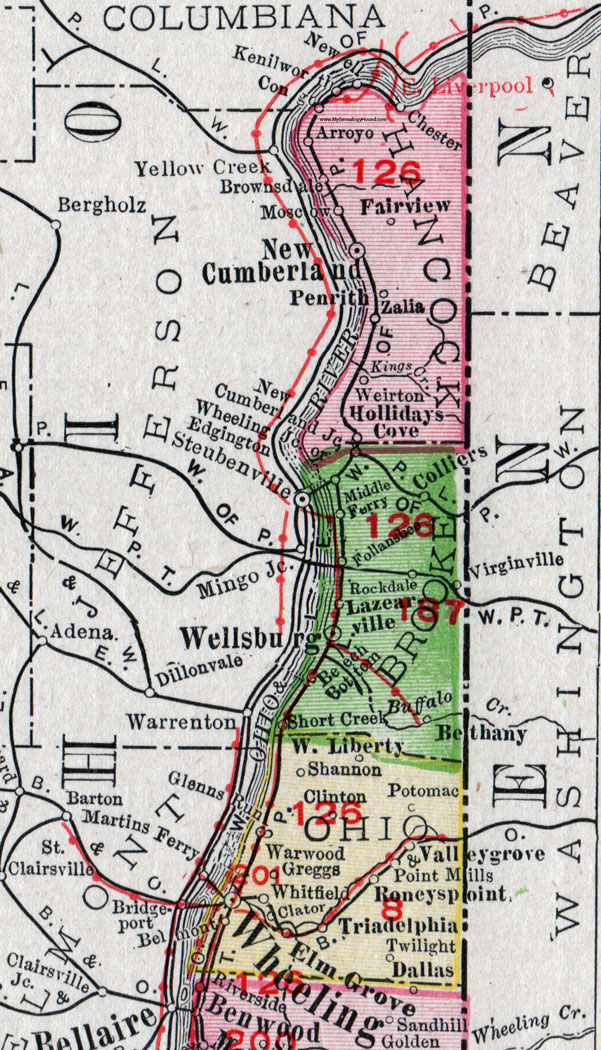 Hancock County, West Virginia 1911 Map by Rand McNally, New Cumberland, Weirton, Chester, Fairview, Penrith, Hollidays Cove, Newell, Zalia, Arroyo, Kenilworth, Congo, Brownsdale, Moscow, WV