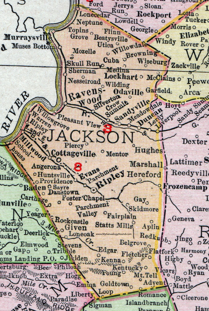 Jackson County, West Virginia 1911 Map by Rand McNally, Ripley, Ravenswood, Cottageville, Millwood, Sandyville, LeRoy, Evans, Sherman, Murraysville, Kenna, Advent, Given, Statts Mills, Rock Castle, Silverton, WV