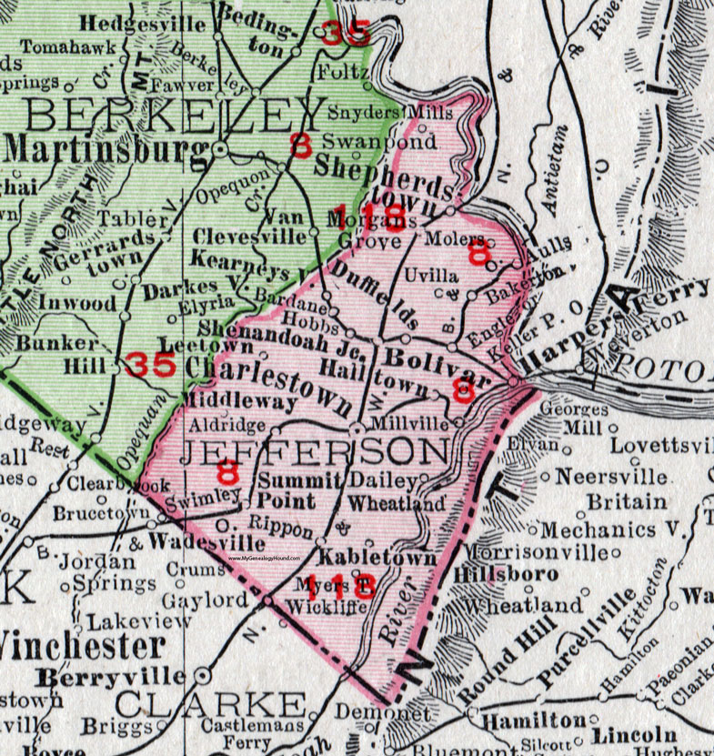 Jefferson County, West Virginia 1911 Map by Rand McNally, Charlestown, Bolivar, Shepherdstown, Harpers Ferry, Kearneysville, Shenandoah Junction, Bakerton, Halltown, Millville, Rippon, Dailey, Aldridge, Bardane, Molers, WV