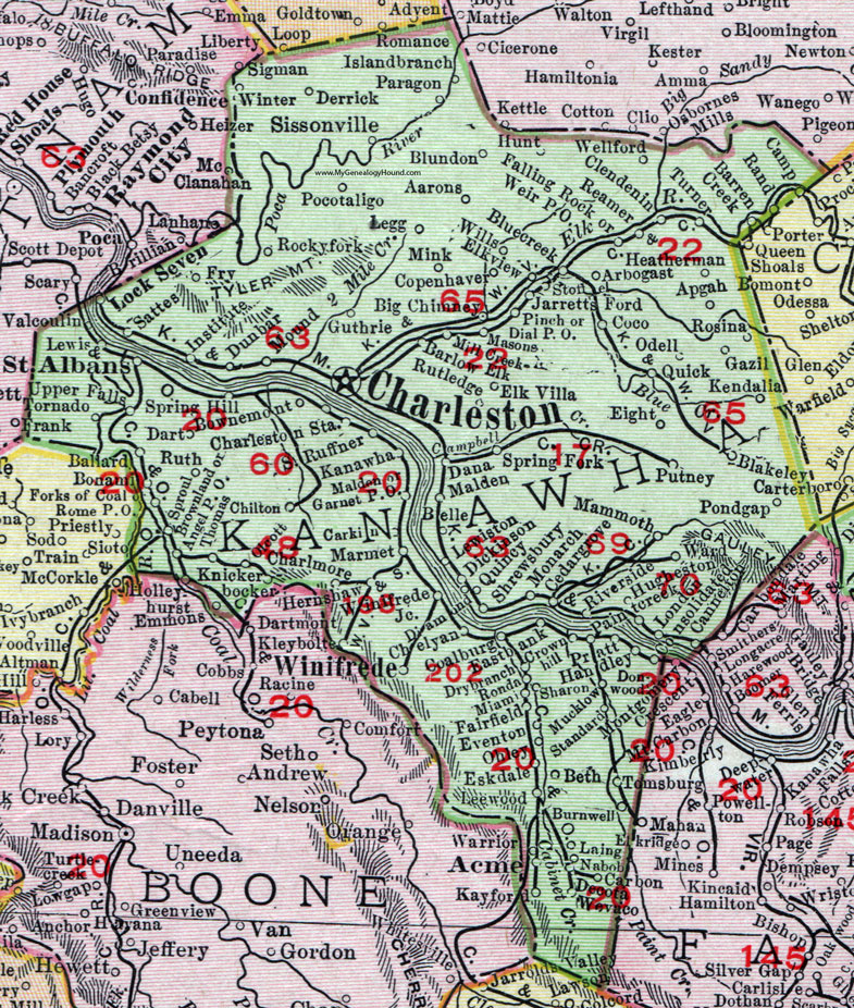 Kanawha County, West Virginia 1911 Map by Rand McNally, Charleston, St. Albans, Winifrede, Acme, Chelyan, Malden, Spring Hill, Dunbar, Pocatalico, Institute, Big Chimney, Pinch, Clendenin, WV