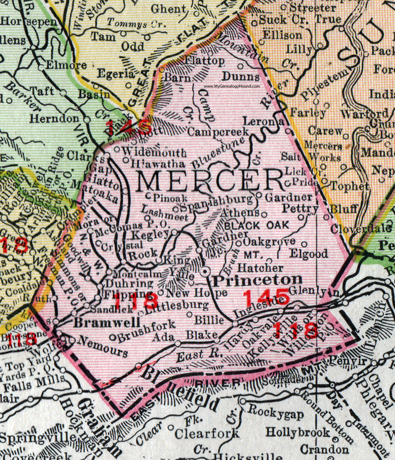 Mercer County, West Virginia 1911 Map by Rand McNally, Princeton, Bramwell, Bluefield, Matoaka, Lashmeet, Hiawatha, Athens, Montcalm, Wolfe, Nemours, Ingleside, Oakvale, Kellysville, Camp Creek, WV