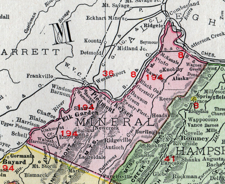 Mineral County, West Virginia 1911 Map by Rand McNally, Keyser, Ridgeley, Burlington, Elk Garden, New Creek, Patterson Creek, Reeses Mill, Gerstell, Knobley, Alaska, Pinto, McKenzie, Dawson, Emoryville, Barnum, WV