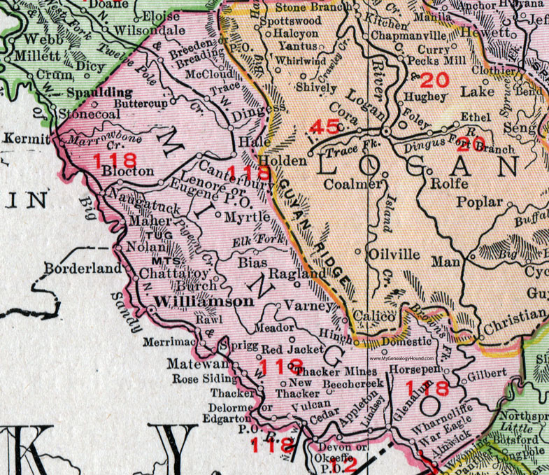 Mingo County, West Virginia 1911 Map by Rand McNally, Williamson, Red Jacket, Thacker, Matewan, Varney, Ragland, Wharncliffe, War Eagle, Breeden, Dingess, Blocton, McCloud, Naugatuck, Chattaroy, Maher, WV