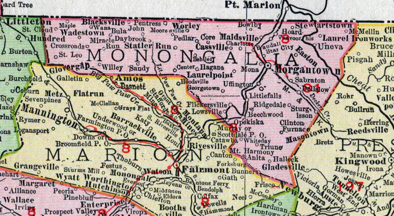 Monongalia County, West Virginia 1911 Map by Rand McNally, Morgantown, Star City, Cassville, Dellslow, Maidsville, Statler Run, Laurel Ironworks, Laurel Point, Worley, Blacksville, Core, Pentress, Wadestown, Wana, Uneva, WV