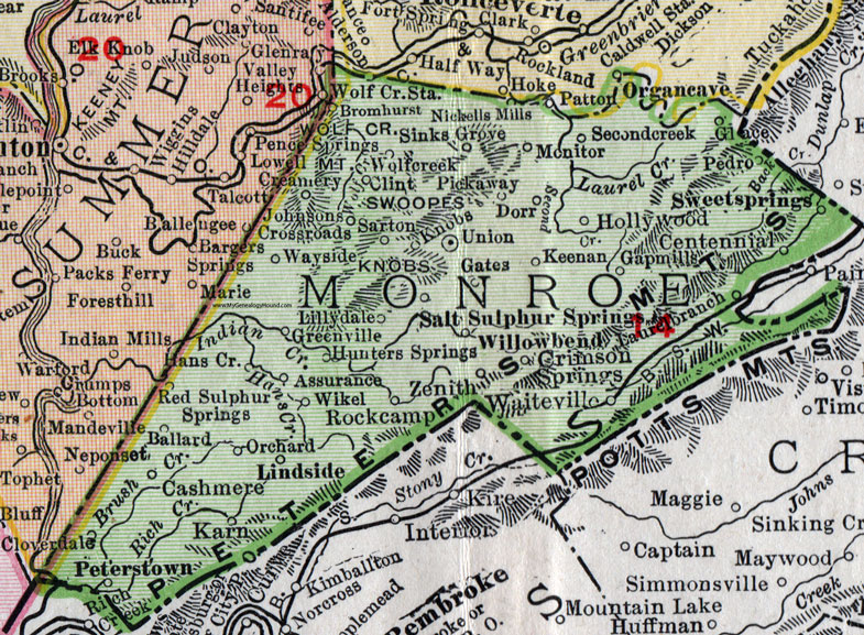Monroe County, West Virginia 1911 Map by Rand McNally, Union, Peterstown, Sweet Springs, Salt Sulphur Springs, Willow Bend, Lindside, Sinks Grove, Wolf Creek, Secondcreek, Glace, Gap Mills, Greenville, Cashmere, Ballard, WV