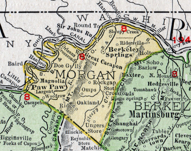 Morgan County, West Virginia 1911 Map by Rand McNally, Berkeley Springs, Paw Paw, Great Cacapon, Magnolia, Omps, Stotlers Crossroads, Ridersville, Sir Johns Run, Doe Gully, Largent, Ungers Store, Hancock, Brosius, Hansrote, WV