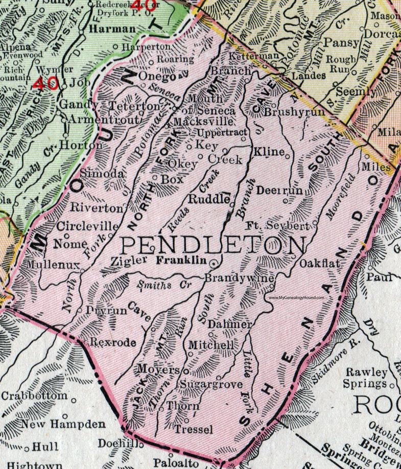 Pendleton County, West Virginia 1911 Map by Rand McNally, Franklin, Ft. Seybert, Brandywine, Moyers, Circleville, Riverton, Upper Tract, Onego, Seneca, Dahmer, Kline, Tressel, Rexrode, Simoda, Mullenux, Nome, WV