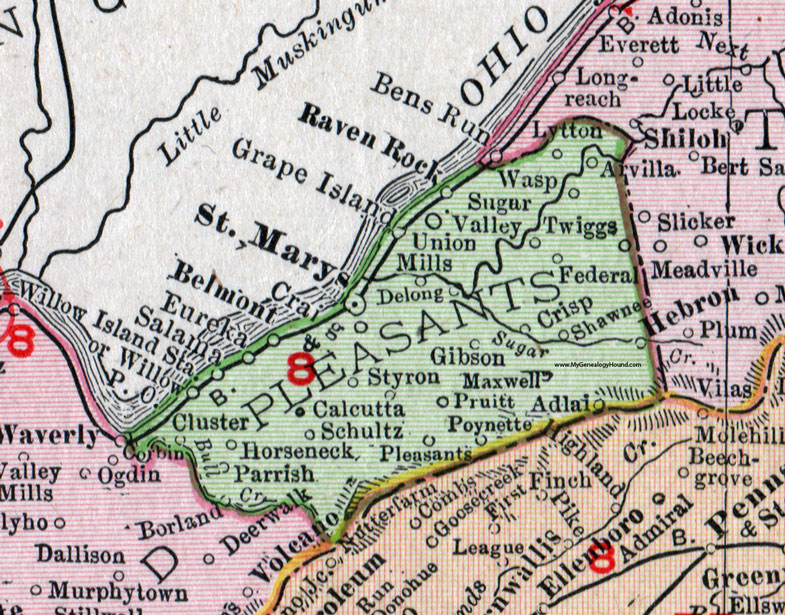 Pleasants County, West Virginia 1911 Map by Rand McNally, St. Marys, Belmont, Eureka, Schultz, Raven Rock, Hebron, Calcutta, Pruitt, Poynette, Adlai, Crisp, Arvilla, Salama, Styron, WV