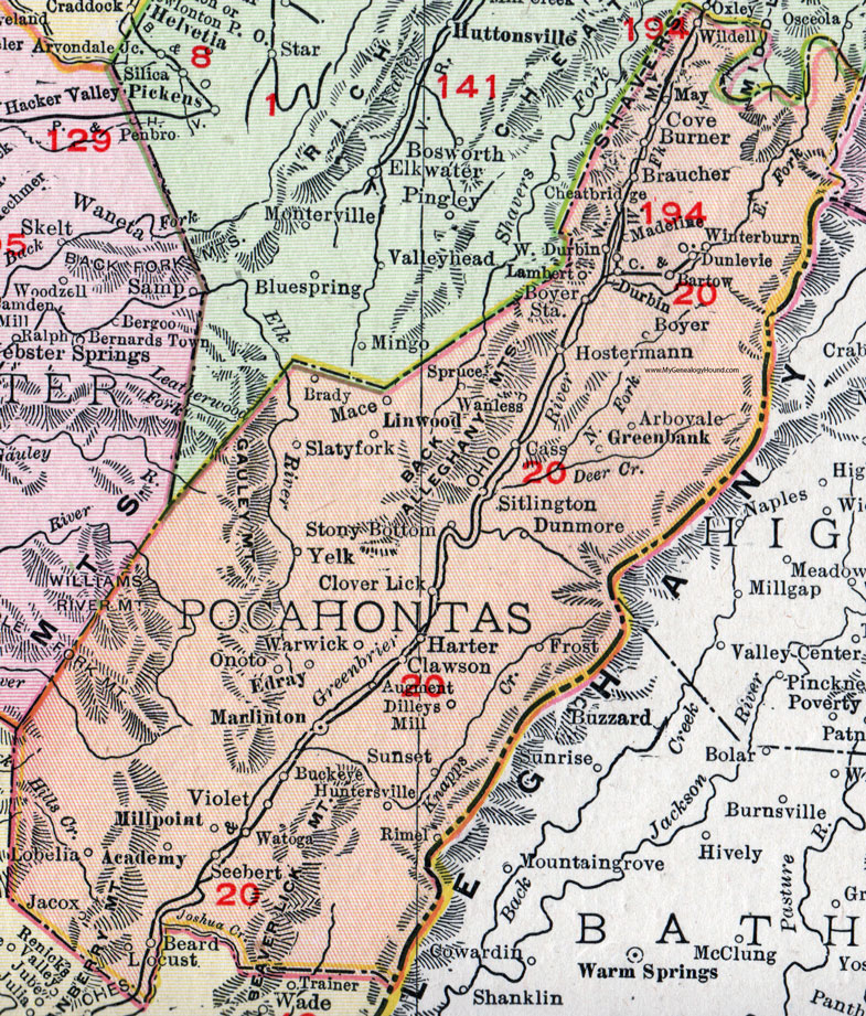 Pocahontas County, West Virginia 1911 Map by Rand McNally, Marlinton, Durbin, Buckeye, Edray, Slatyfork, Cass, Dunmore, Green Bank, Arbovale, Bartow, Clawson, Dilleys Mill, Watoga, Seebert, Braucher, WV