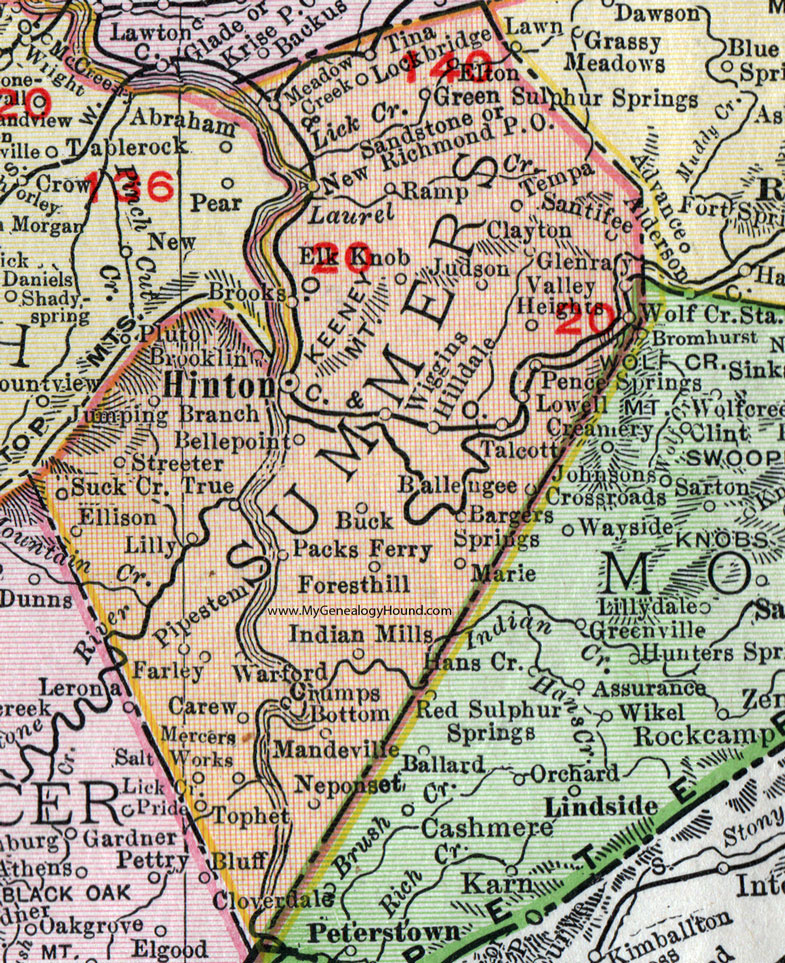Summers County, West Virginia 1911 Map by Rand McNally, Hinton, Talcott, Pipestem, Jumping Branch, True, Brooks, Sandstone, Green Sulphur Springs, Elton, Lockbridge, Meadow Creek, Pence Springs, Ballengee, Forest Hill, Glenray, WV