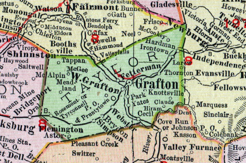 Taylor County, West Virginia 1911 Map by Rand McNally, Grafton, Fetterman, Flemington, Rosemont, Simpson, Thornton, Tappan, McGee, Astor, Pruntytown, Webster, Brydon, Knottsville, Irontown, Yates, WV