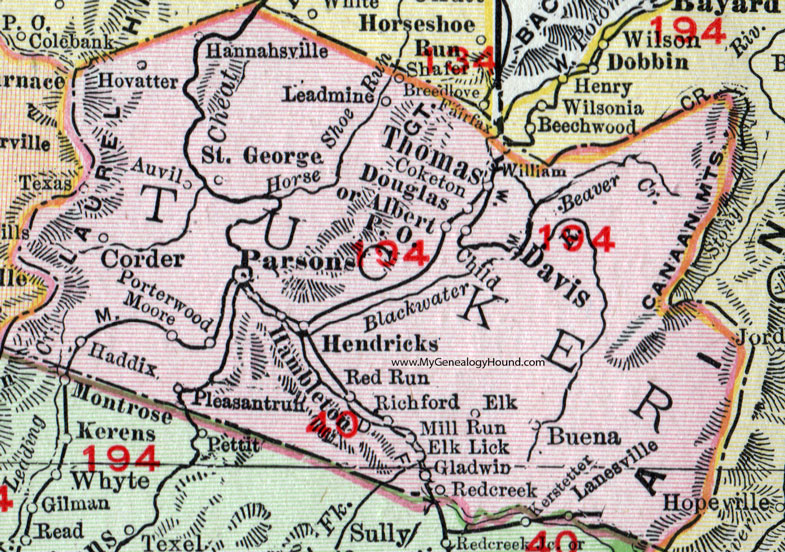 Tucker County, West Virginia 1911 Map by Rand McNally, Parsons, Davis, Thomas, Hendricks, St. George, Hambleton, Red Creek, Coketon, Hannahsville, Hovatter, Auvil, Haddix, Pleasantrun, Porterwood, WV