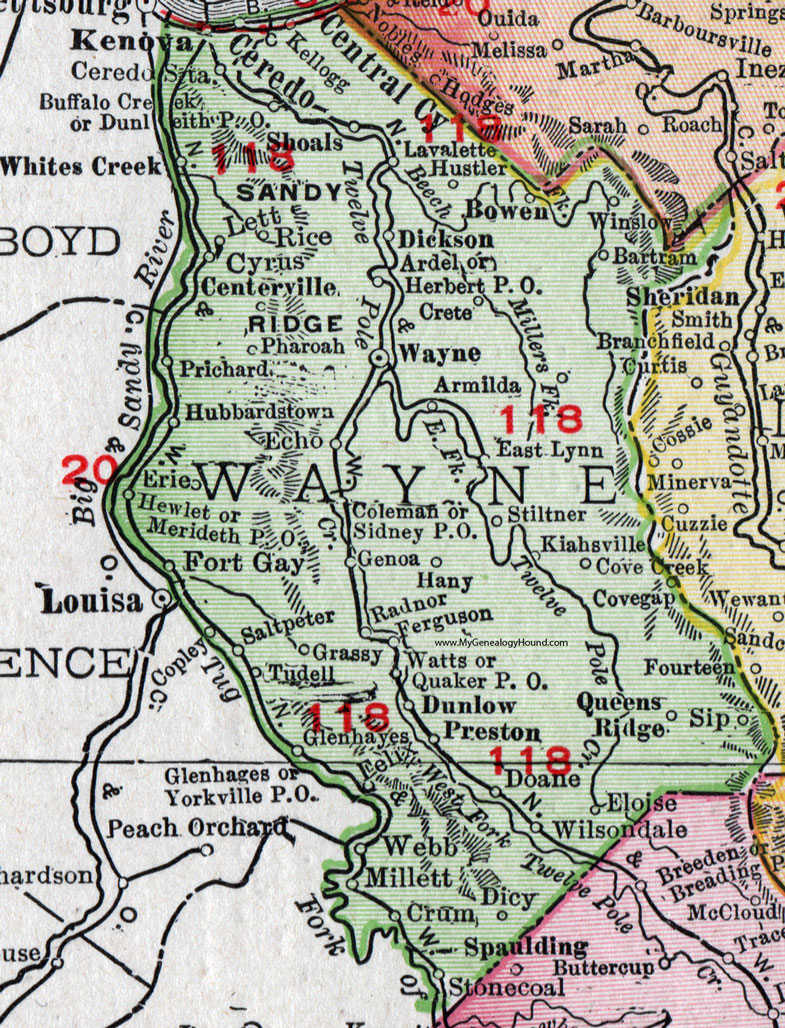 Wayne County, West Virginia 1911 Map by Rand McNally, Kenova, Ceredo, Prichard, Fort Gay, Shoals, Lavalette, East Lynn, Kiahsville, Genoa, Glenhayes, Dunlow, Preston, Queens Ridge, Bowen, Wilsondale, WV