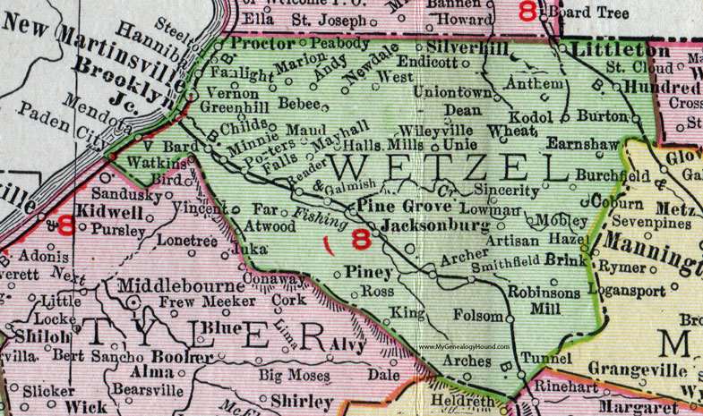 Wetzel County, West Virginia 1911 Map by Rand McNally, New Martinsville, Paden City, Littleton, Jacksonburg, Pine Grove, Reader, Porters Falls, Wileyville, Smithfield, Folsom, Hundred, Burton, Halls Mills, Robinsons Mills, Kodol, WV