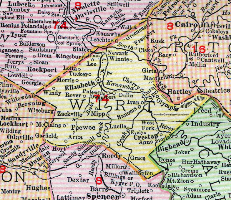 Wirt County, West Virginia 1911 Map by Rand McNally, Elizabeth, Creston, Palestine, Burning Springs, Greencastle, Peewee, Sanoma, Arca, McClains, Tucker, Winnie, Freeport, Lotta, Morris, Dulin, Owensport, WV