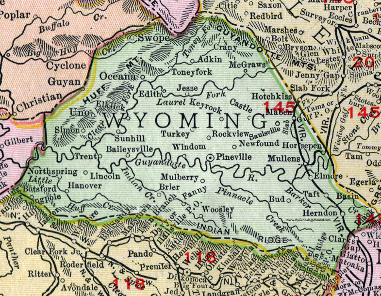 Wyoming County, West Virginia 1911 Map by Rand McNally, Pineville, Mullens, Oceana, Jesse, Maben, Herndon, Bud, Saulsville, Simon, Hanover, North Spring, Adkin, Horsepen, Woosley, Windom, WV