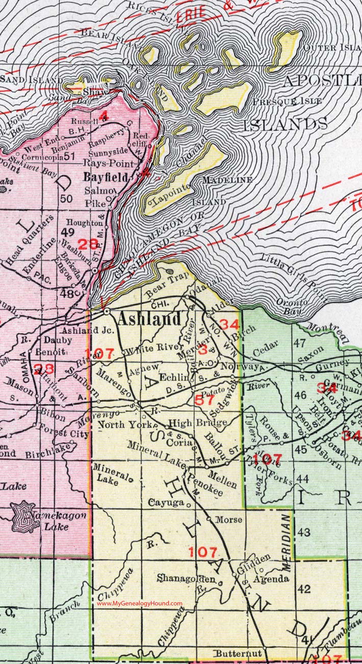 Ashland County, Wisconsin, map, 1912, Ashland City, Odanah, Mellen, Glidden, Marengo, High Bridge, Morse, Butternut, Ballou, Cayuga, White River, Sedgwick, Norway, Penokee