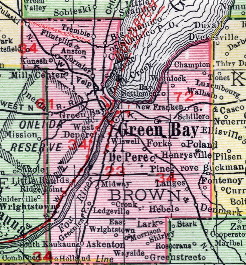 Brown County, Wisconsin, map, 1912, Green Bay, Suamico, Pulaski, Oneida, New Franken, De Pere, Wrightstown, Wayside, Denmark, Little Rapds, Wequiock, Poland, Morrison