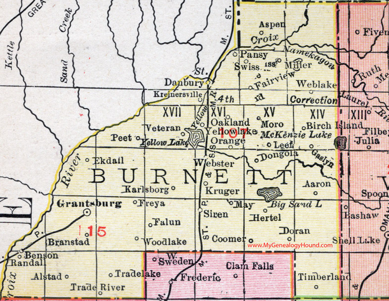 County, Wisconsin, map, 1912, Grantsburg, Webster, Siren