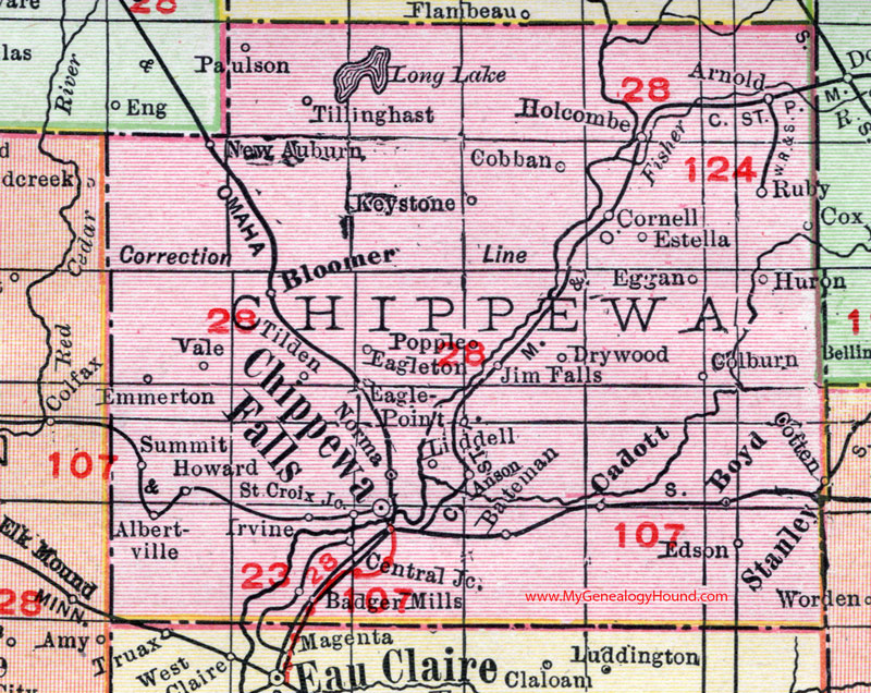 Chippewa County, Wisconsin, map, 1912, Chippewa Falls, Bloomer, Cadott, Boyd, Stanley, Albertville, New Auburn, Jim Falls, Cornell, Holcombe, Colburn, Eagleton, Tilden