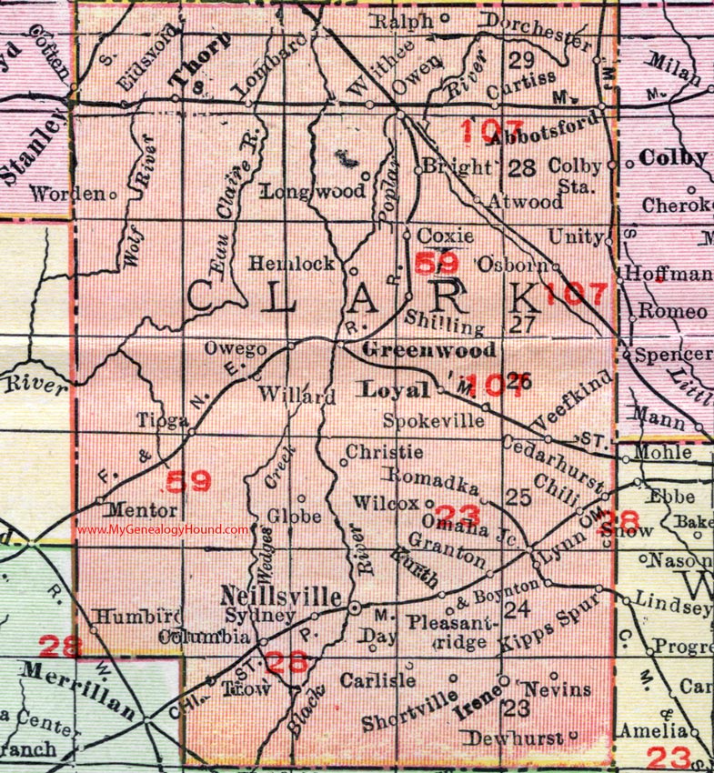 Clark County, Wisconsin, map, 1912, Neillsville, Greenwood, Thorp