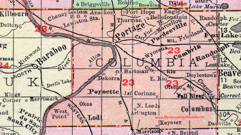 Columbia County Wi Map Columbia County, Wisconsin, Map, 1912, Portage, Cambria, Columbus,  Poynette, Lodi, Kilbourn, Pardeeville, Friesland, Wyocena, Rio, Fall