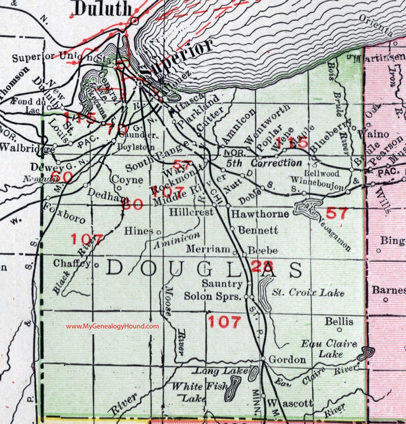 Douglas County, Wisconsin, map, 1912, Superior, Solon Springs, Lake Nebagamon, Gordon, Wascott, Hawthorne, Bennett, Chaffey, Foxboro, Poplar, Wentworth, Blueberry, Brule, Coyne, Amnicon