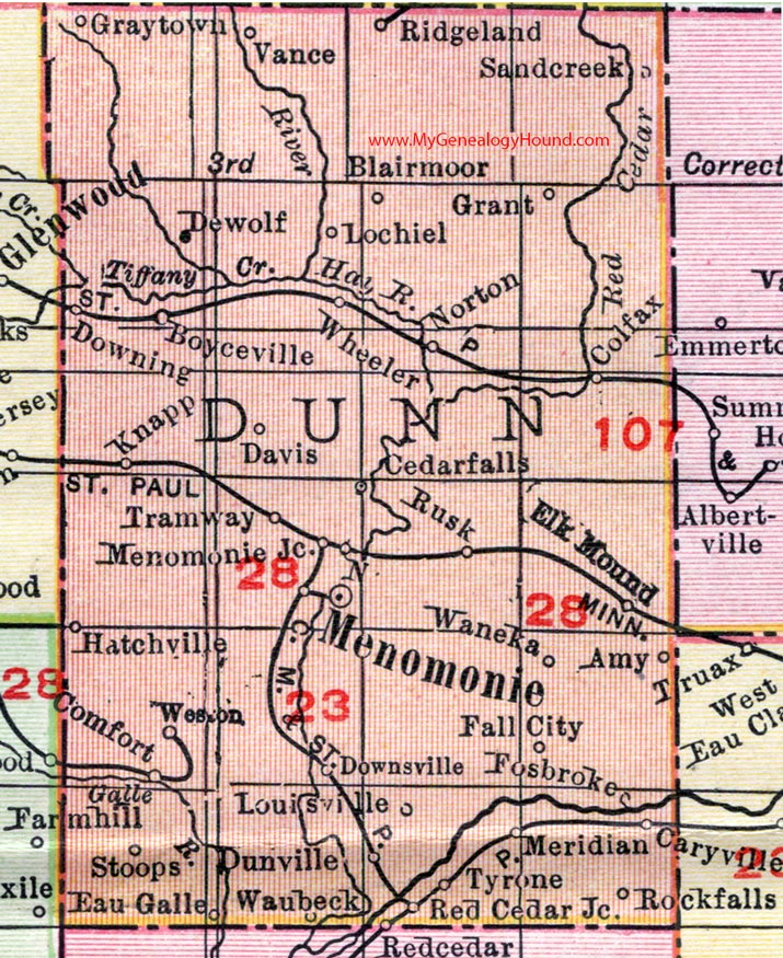 Dunn County, Wisconsin, map, 1912, Menomonie, Elk Mound, Knapp, Colfax, Boyceville, Wheeler, Ridgeland, Downing, Sand Creek, Weston, Eau Galle, Downsville, Meridean, Rock Falls, Caryville