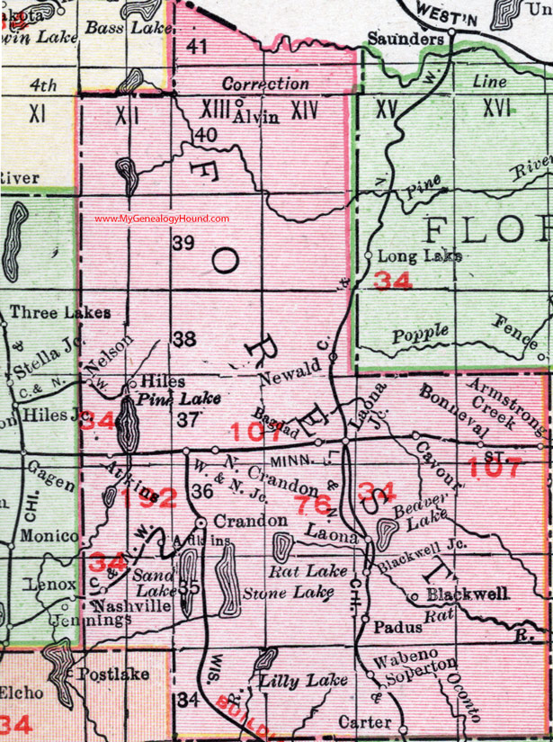 Forest County, Wisconsin, map, 1912, Crandon, Wabeno, Carter, Hiles, Newald, Armstrong Creek, Cavour, Laona, Nashville, Padus, Bonneval, Blackwell, Soperton, Atkins