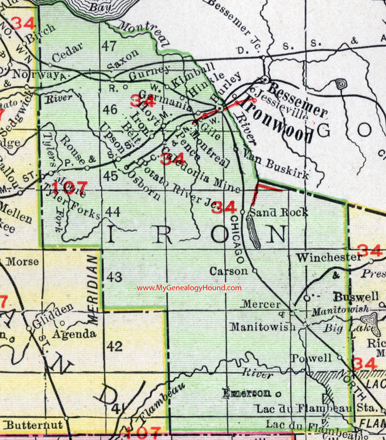 Iron County, Wisconsin, map, 1912, Hurley, Montreal, Gile, Van Buskirk, Mercer, Manitowish, Iron Belt, Saxon, Gurney, Upson, Kimball, Rouse, Carson, Emerson, Powell
