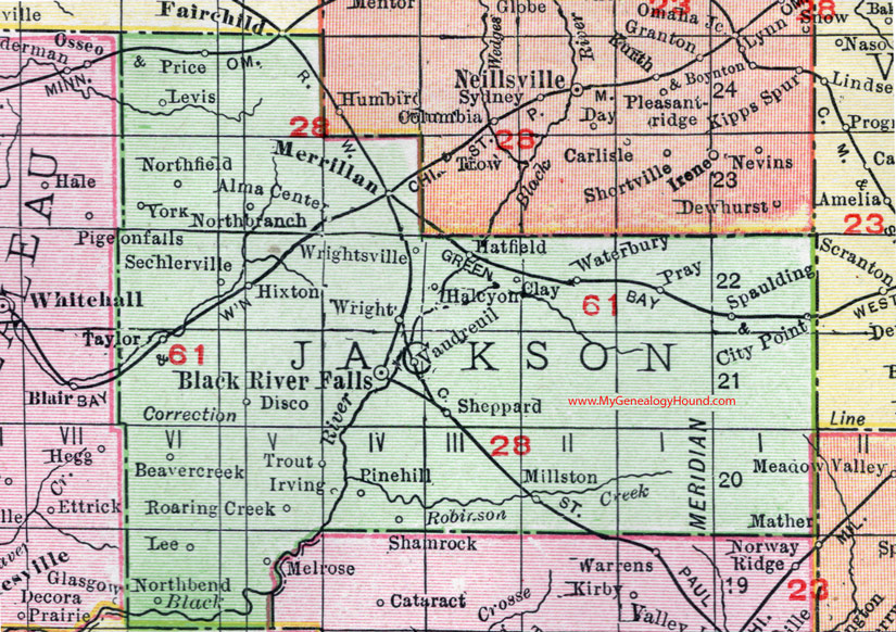 Jackson County Wisconsin Map 1912 Black River Falls Merrillan Hixton Vaudreuil Hatfield 8626