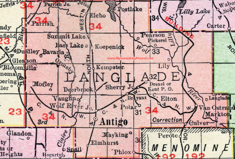 Langlade County, Wisconsin, map, 1912, Antigo, Elton, Bryant, Deerbrook, Phlox, Kempster, Koepenick, Summit Lake, Elcho, Parrish, Bavaria, Van Ostrand, Pearson, Morley